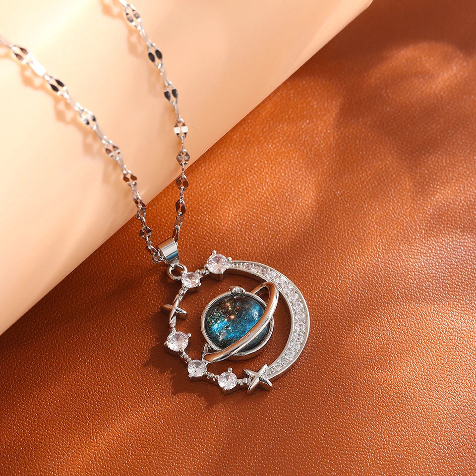DaniLuxe “Starlight Voyage” Pendant Necklace – Moon, Planet & Astronaut Design