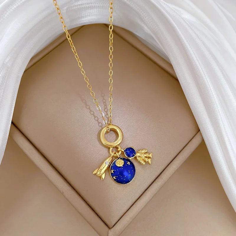 DaniLuxe “Starlight Voyage” Pendant Necklace – Moon, Planet & Astronaut Design