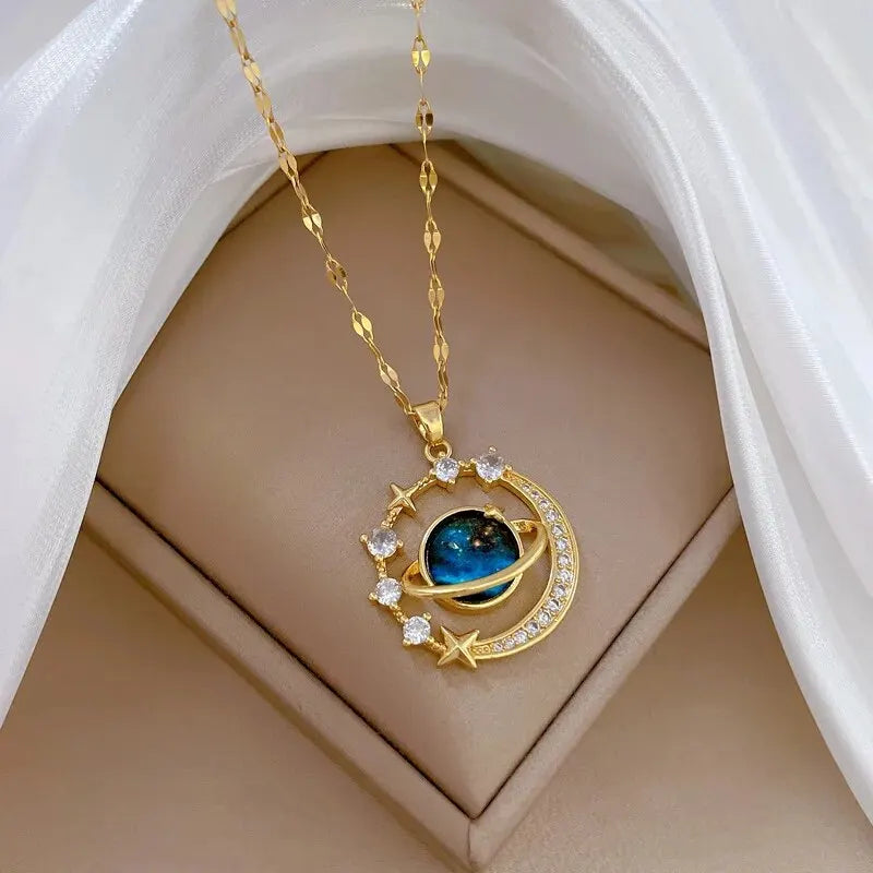 DaniLuxe “Starlight Voyage” Pendant Necklace – Moon, Planet & Astronaut Design