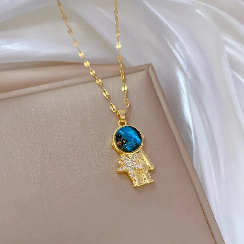 DaniLuxe “Starlight Voyage” Pendant Necklace – Moon, Planet & Astronaut Design
