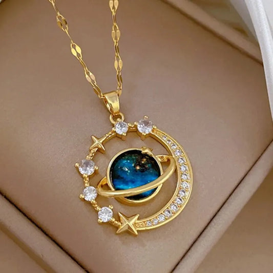 DaniLuxe “Starlight Voyage” Pendant Necklace – Moon, Planet & Astronaut Design
