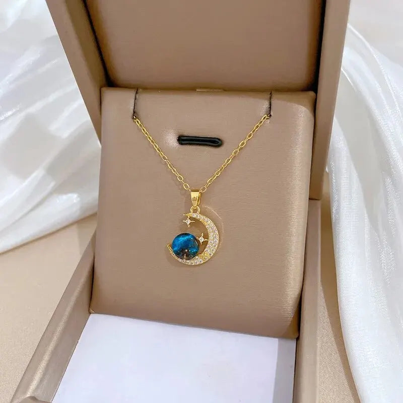 DaniLuxe “Starlight Voyage” Pendant Necklace – Moon, Planet & Astronaut Design
