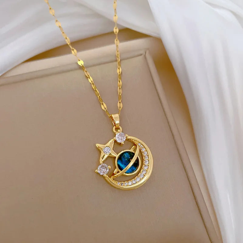DaniLuxe “Starlight Voyage” Pendant Necklace – Moon, Planet & Astronaut Design