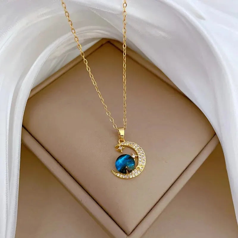 DaniLuxe “Starlight Voyage” Pendant Necklace – Moon, Planet & Astronaut Design